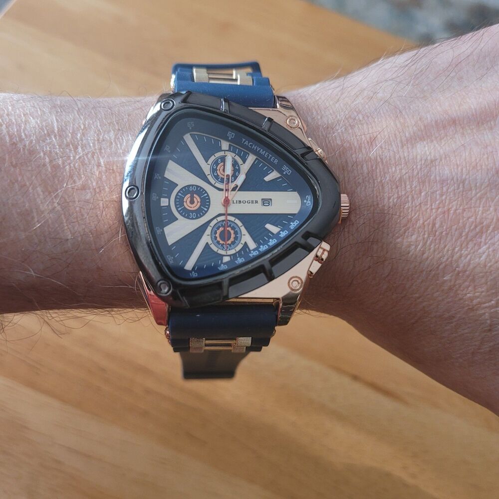 LIBOGER Asymmetrical Chronograph Wristwatch Blue Rose Gold Tone Silicone Date